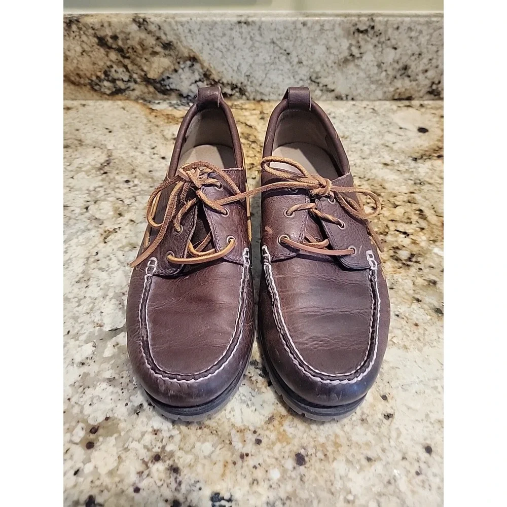 Polo Ralph Lauren Reegan Boat Shoe Men 10D Brown Leather Distressed Casual EUC